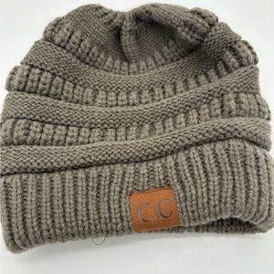 C.C Messy Bun Ponytail Hat Knit Beanie Warm High Bun Winter Hat Olive Green